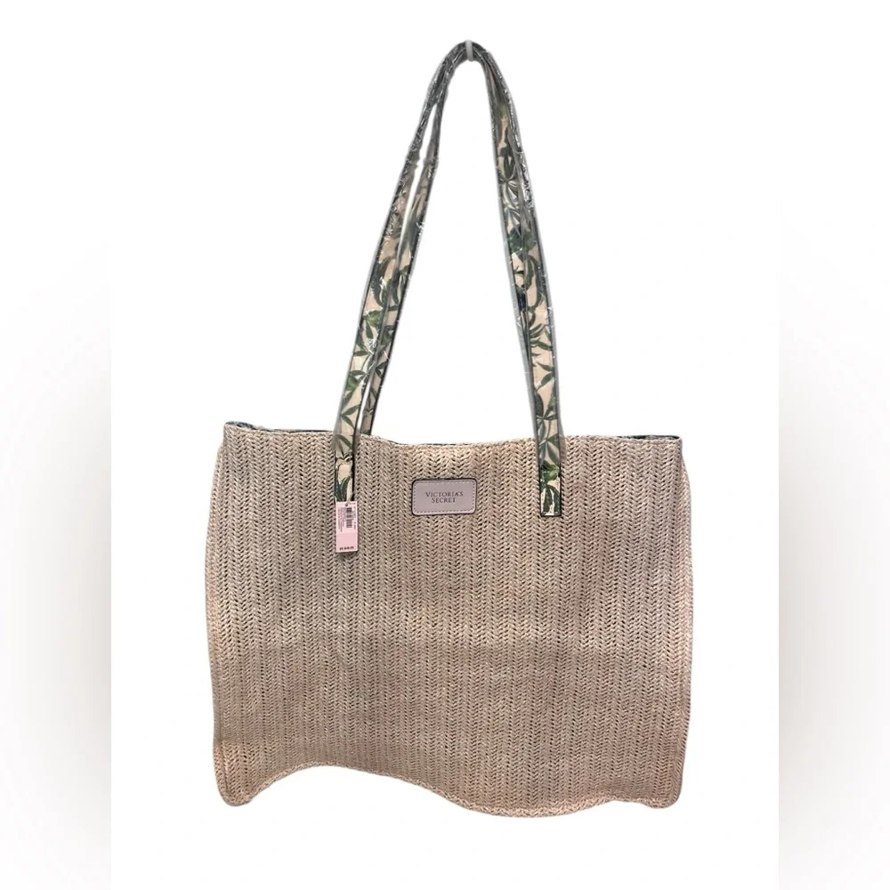 Victoria’s Secret Woven Straw Beach Tote Palm Print Resort Shopper Bag NWT